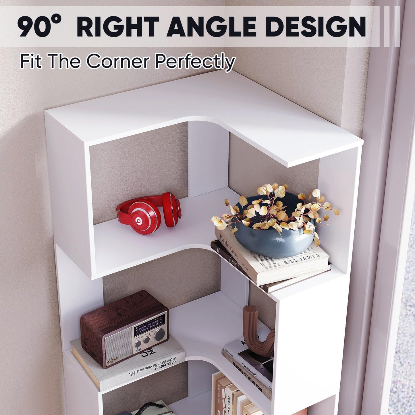 Corner Bookshelf, 68.9" Tall Wooden Corner Bookcase 5 Tiers L-Shaped Storage Freestanding Display Rack Large Open Bookshelf with Fixture for Living Room Bedroom Study Office (White)