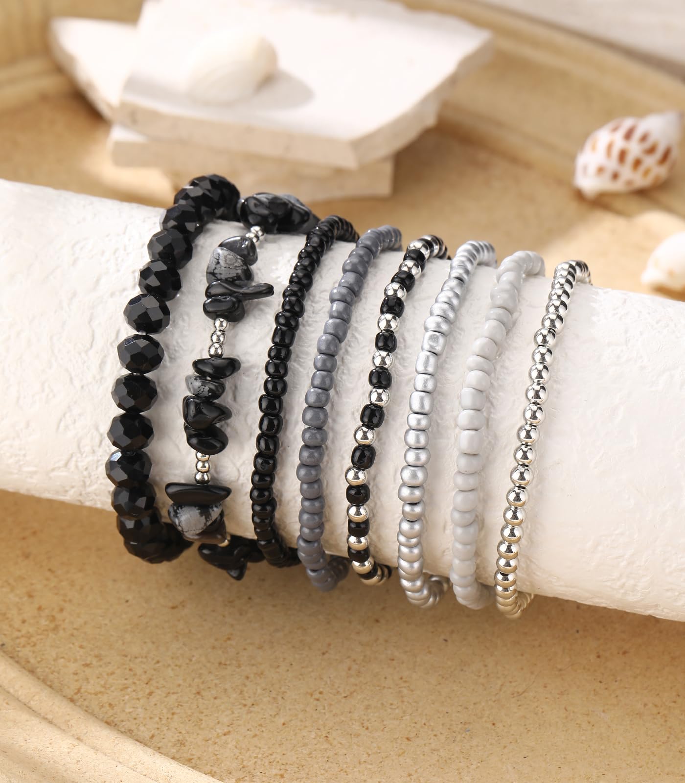 Noessla Boho Beaded Bracelets for Women Stackable Irregular Natural Stone Bead Stretch Bracelet Set 8PCS Costume Jewelry Gifts for Her(Black Grey)