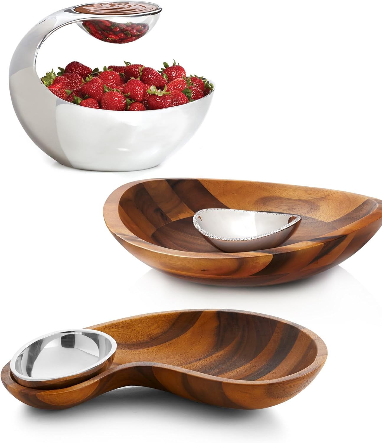 Nambe Braid Chip & Dip Server, 16-Inch - Modern Scandinavian Entertaining Bowl with Removable Alloy Dip Dish, Acacia Wood Serving Tray with Sculpted Braid Detailing - Salsa & Fruit Entertaining Bowl