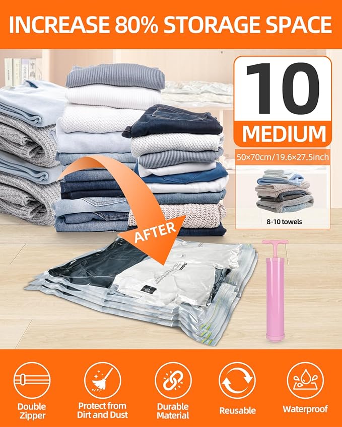 Vacuum Storage Bags, 10 Medium Vacuum Seal Bags for Clothing & Bedding, Space Saver Bags for Organization and Storage, Hand Pump Included(10M)