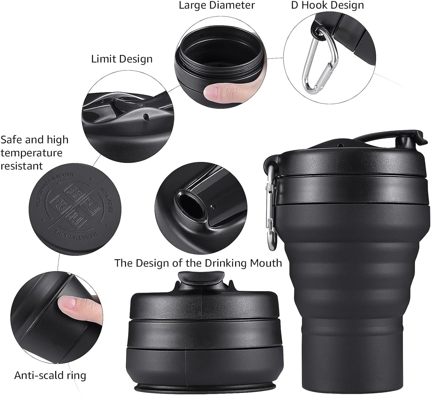 Collapsible Coffee Cup, 2 Pack 16 OZ 480ml Silicone Travel Folding Cup, Leak Proof BPA Free Portable Cup, Travel mug with Lids for Camping hiking (2 * 16OZ)