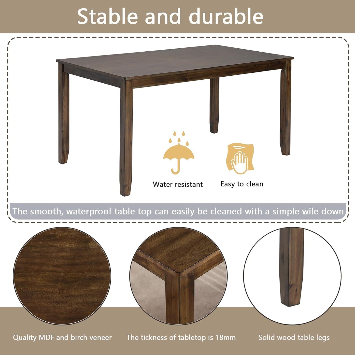 KEIKI 6-Piece Standard Height Dining Table Set with Rectangular Table, 4 Upholstered X-Shaped Backrset Chair, Bench, for 6 Person, Modern Table Set, Easy Assembly, for Kitchen, Dining Room, Walnut