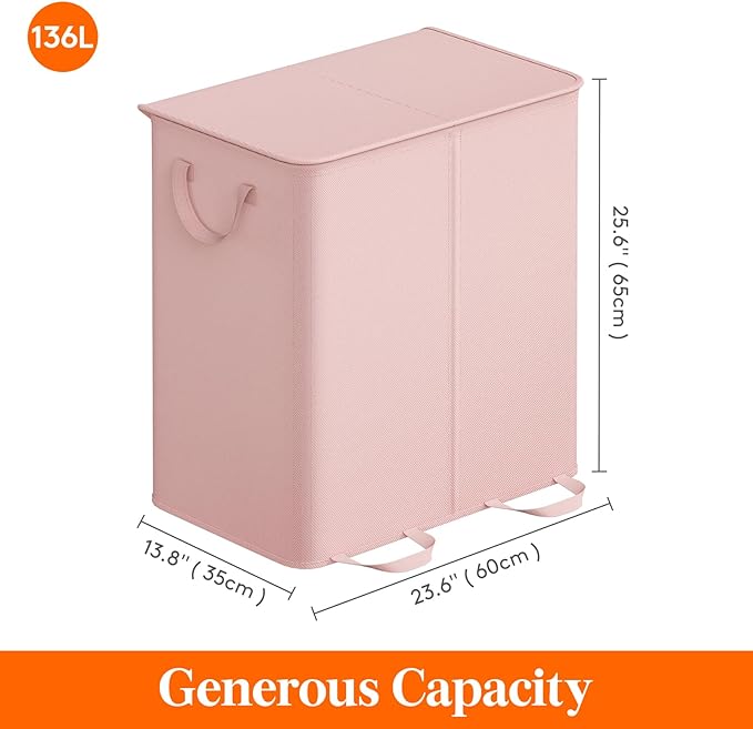 Lifewit Double Laundry Hamper with Lid and Removable Laundry Bags, Large Collapsible 2 Dividers Dirty Clothes Basket with Handles for Bedroom, Laundry Room, Closet, Bathroom, College, 136L Pink
