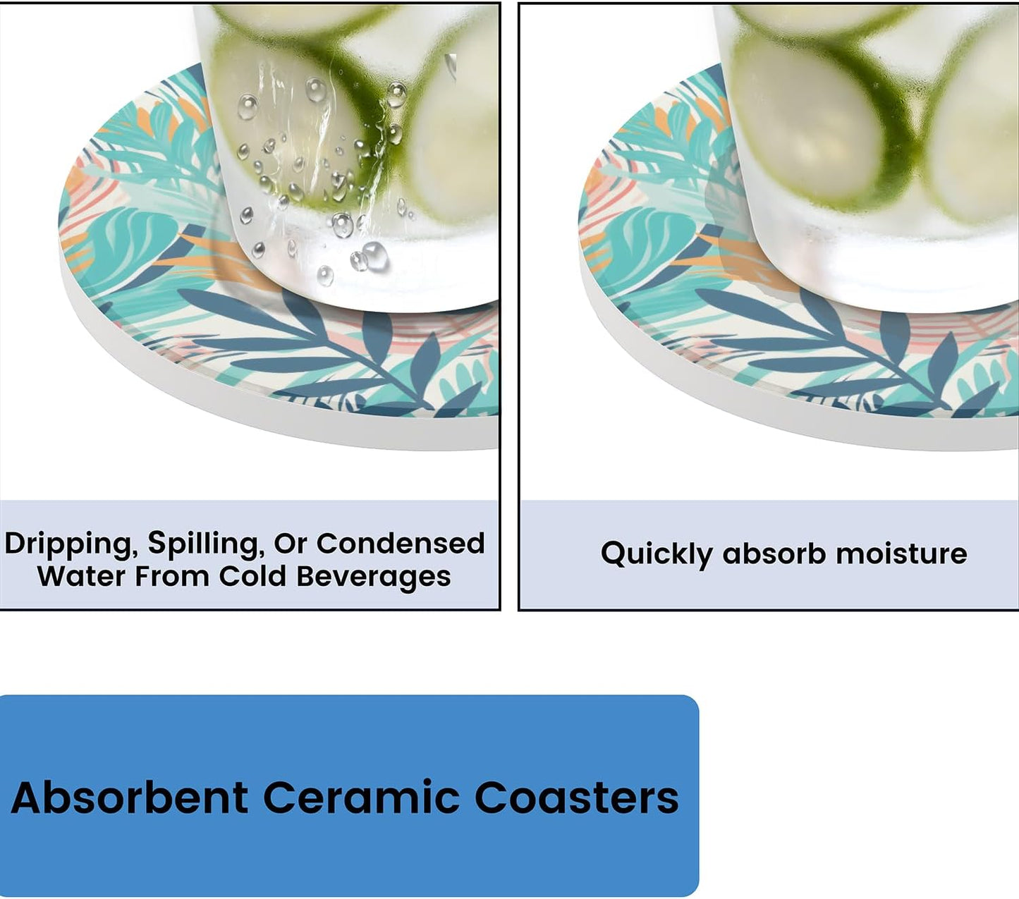Ceramic Coasters for Drinks with Cork Back, Colorful Tropical Print 4 Inch Absorbent Coaster Set 2 Pack, Quick Dry Non-Slip Coaster Mats for Home, Office, Bar