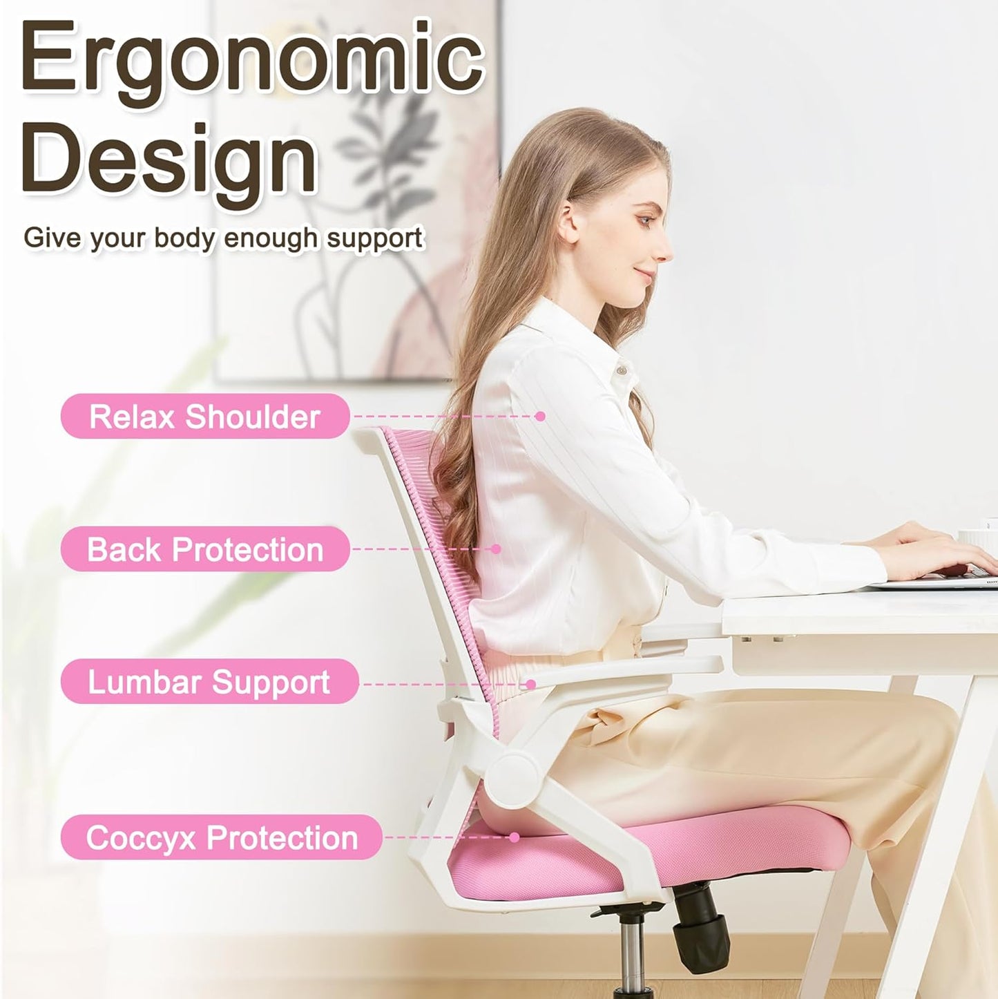 Ergonomic Office Chair Desk Chair with Adjustable Height Mesh Computer Chair Swivel Chair with Flip-up Arms and Lumbar Support Pink