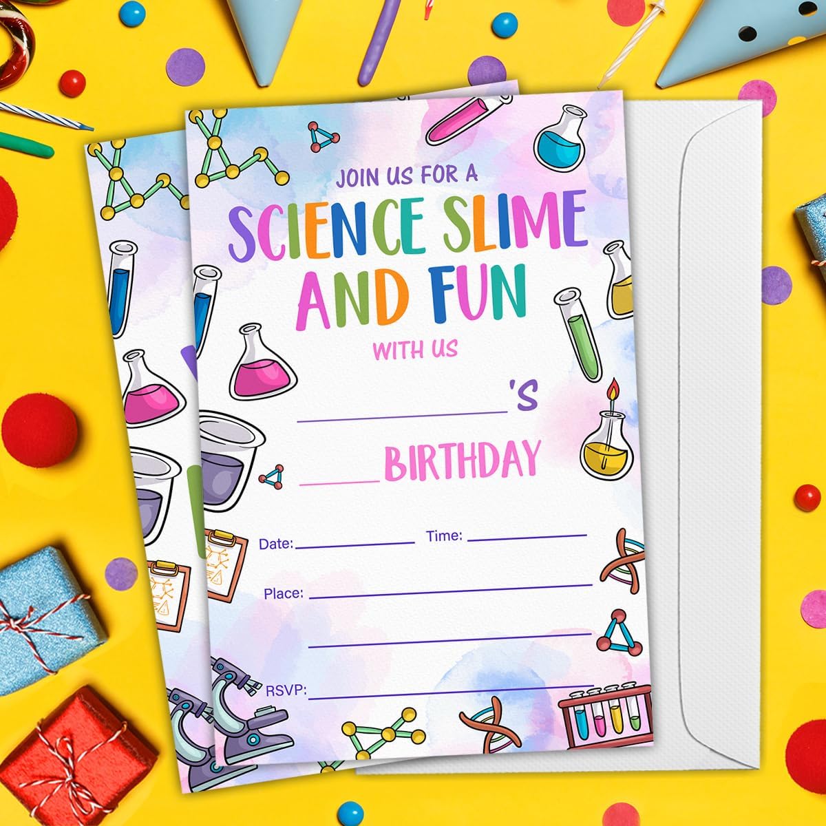 Science Birthday Invitations With Envelopes (20 Count), Science Slime Birthday Party Fill in Invites Cards, Double Sided Design