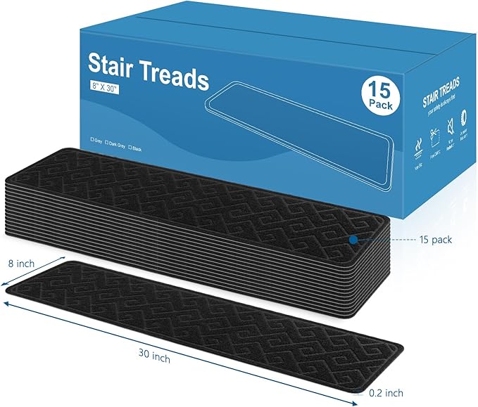 Stair Treads for Wooden Steps, 8" X 30" Non Slip Stair Runner Carpet Indoor with Reusable Adhesive Backing, Soft Tread Mat for Stairs, Ideal for Home, Polyester TPR Backing Stair Rugs-Black 15 Pack