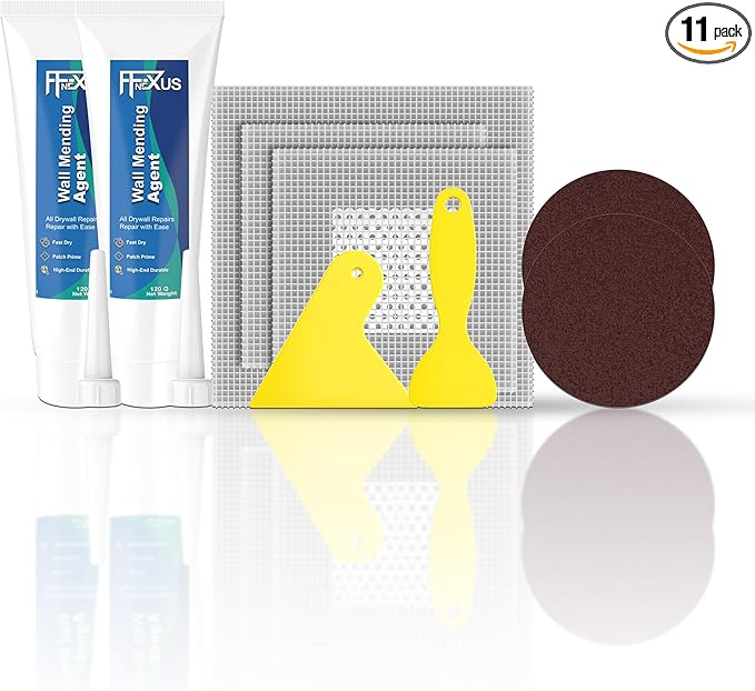 Drywall Repair Kit – 2 × 120g Fast-Dry Putty Tubes with 2×2″ & 4×4″ Wall Patch Mesh, Dual Scrapers & 2 P180 Sandpapers | Quick-Dry Spackle & Sheetrock Crack Filler for Wall, Ceiling & Plaster Repair
