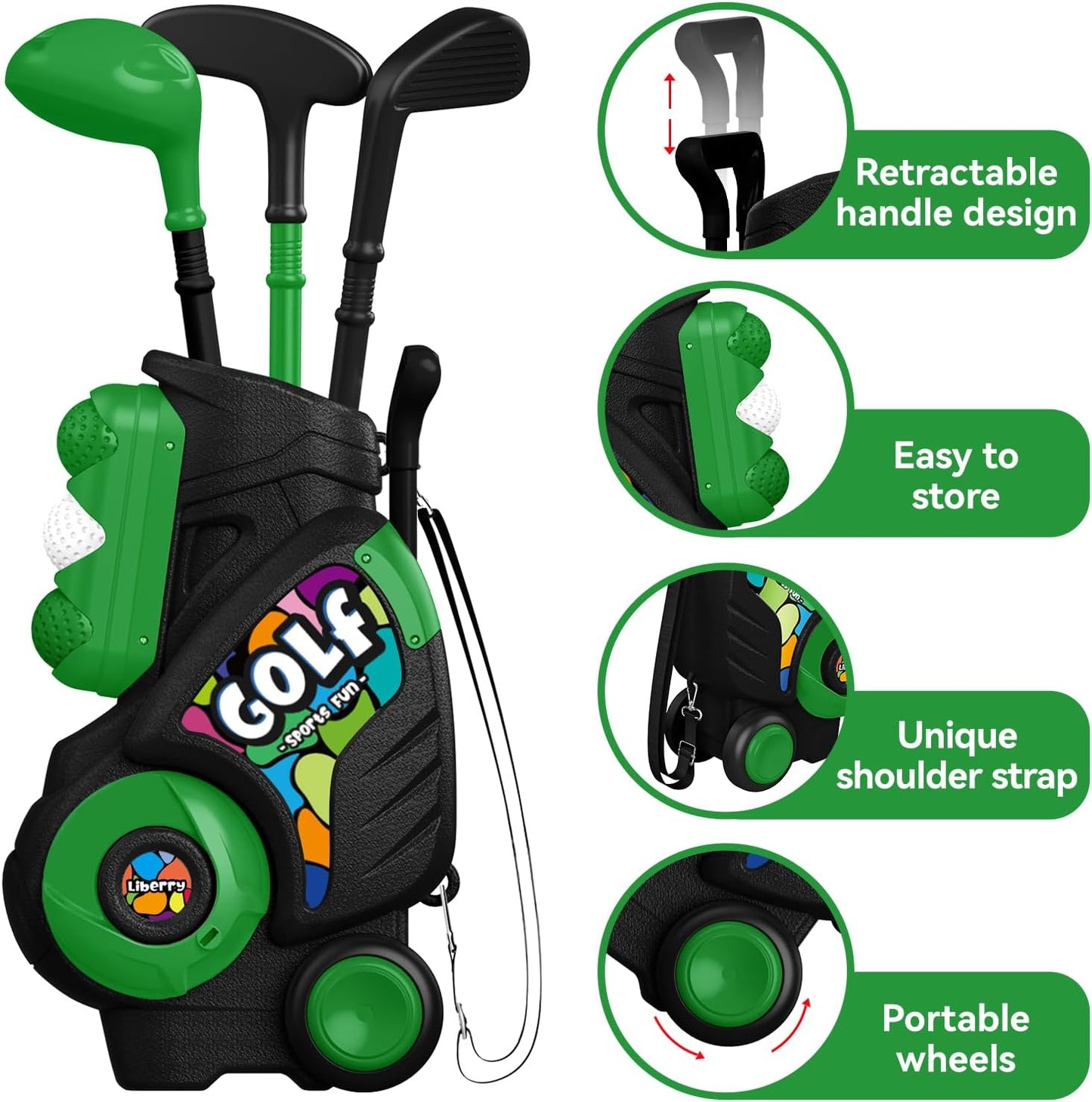 Liberry Toddler Golf Set for Age 2 3 4 Boys Girls, Upgraded Kids Golf Cart with Putting Mat & Cornhole Board, Outdoor Indoor Sports Toys for Birthday Holiday, Black