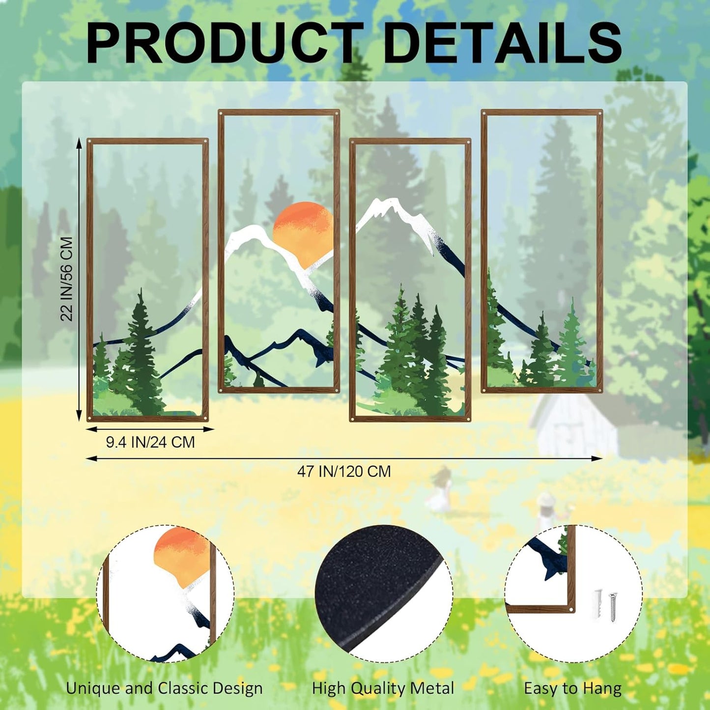 ruelen 4 Pcs Metal Sunset Mountain Forest Wall Decor, Abstract Minimalist Line Drawing Large Colorful Mountains Wall Art Home Decor for Living Room Bathroom Bedroom Office Indoor And Outdoor (Large)