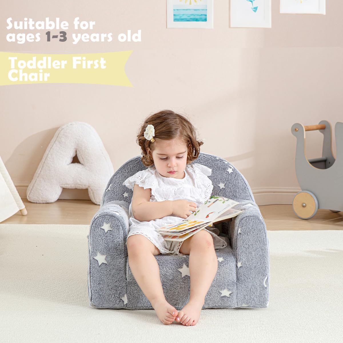 Toddler Chair Comfy,Toddler Couch Fold Out, 2-in-1 Kids Chair,Flip Out Kids Couch,Toddler Sofa Convertible,Children Reading Chair for Age 1-3(Grey Star)