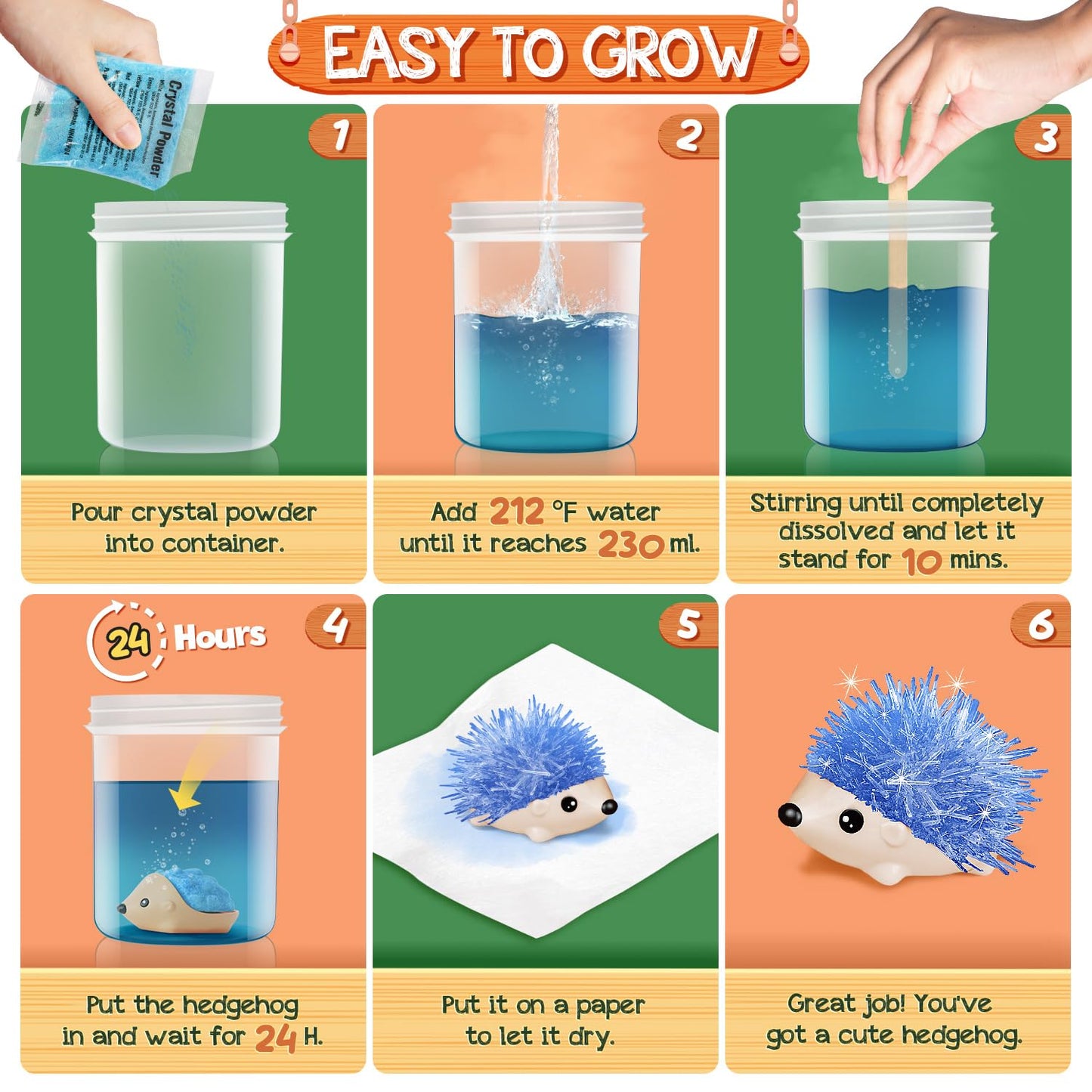 Crystal Growing Kit for Kids - 4 Vibrant Hedgehogs Fast Growing in 24H - STEM Science Kits for Kids Age 6-8 & 8-12, Educational DIY Learning Toys, Birthday Gifts for Boys & Girls Age 7, 8, 9, 10+
