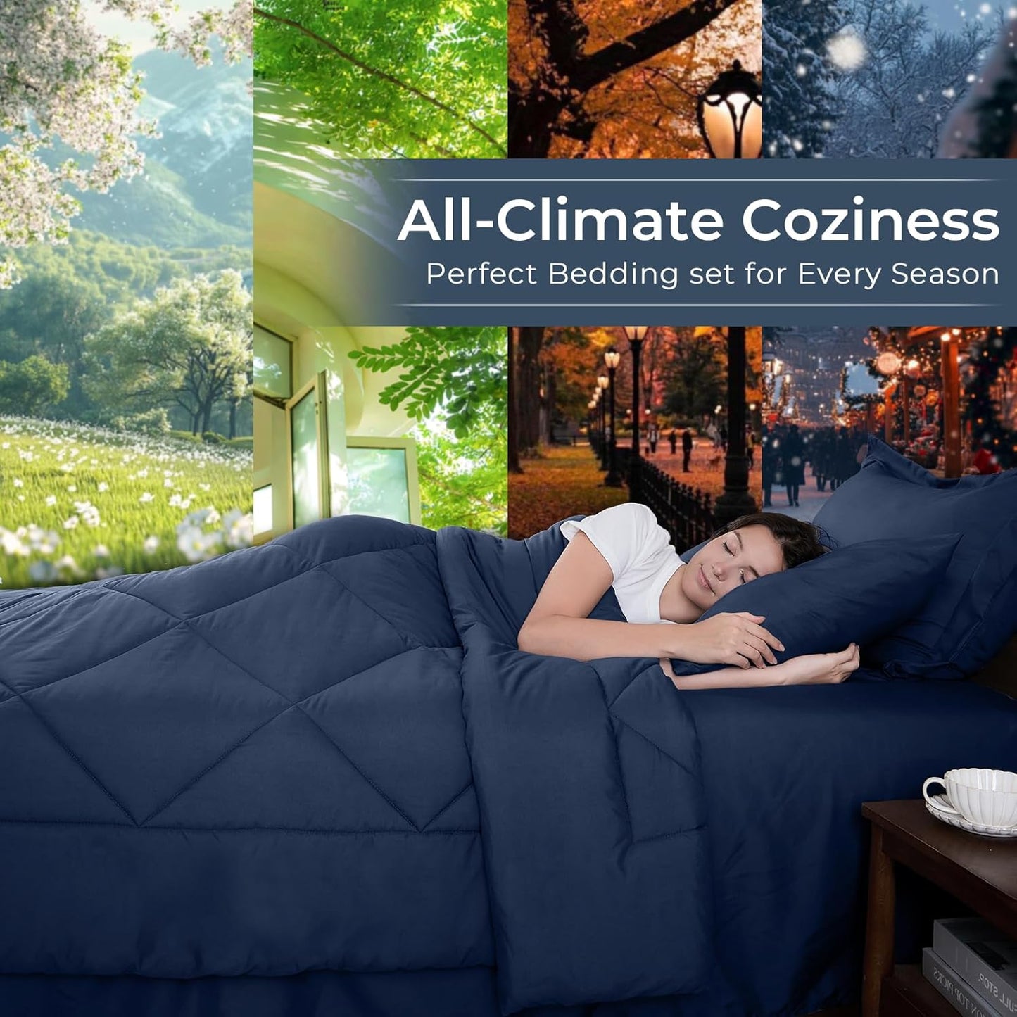 HEVUMYI Navy Blue Full Comforter Set - 7-Piece All Season Bed in a Bag Full, Ultra Soft Bedding Set with Comforter, Flat Sheet, Fitted Sheet, Pillowcases, Pillow Shams, Navy Blue