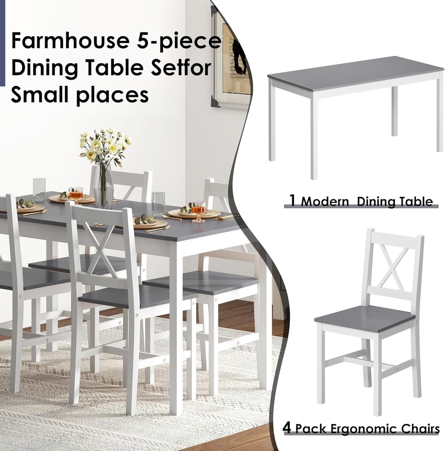 sogesfurniture 42.5''Dining Table Set for 4，Dinette Set for 4 Small Space,5 Pieces Dining Table for Kitchen, Dining Room, Pine Wood,Grey&White