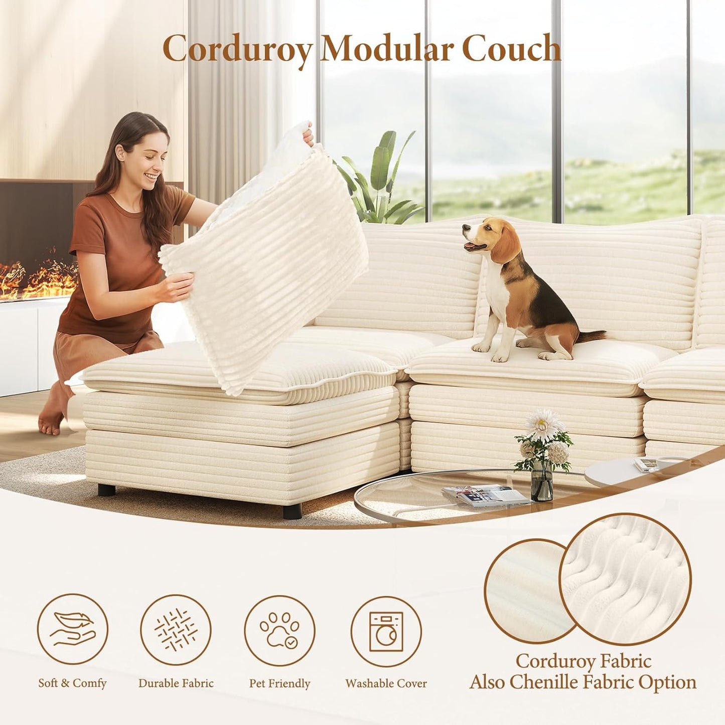 Vesgantti 108" Modular Sectional Sofa, Comfy Cloud Couch with Movable Ottoman Deep Seat Corduroy L Shaped Modular Sofa, Sectional Couches for Living Room, Bedroom and Apartment, Beige