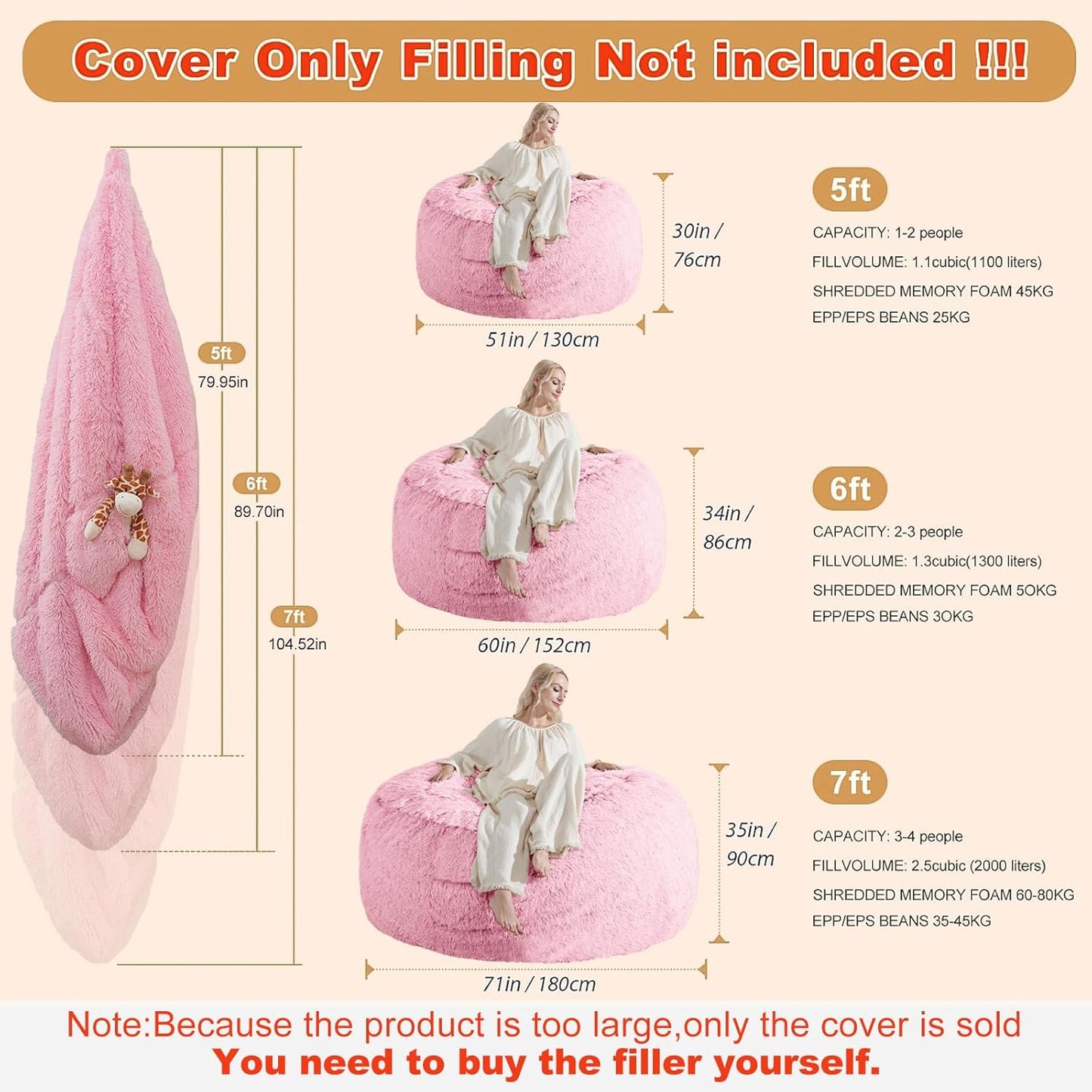Fluffy Bean Bag for Stuffed Animals Storage, Faux Fur Washable Bean Bag Chair Cover(No Filler) for Textile Plush Toys, Beanbag Chair Cover for Adults Kids Teens, 5FT, Pink