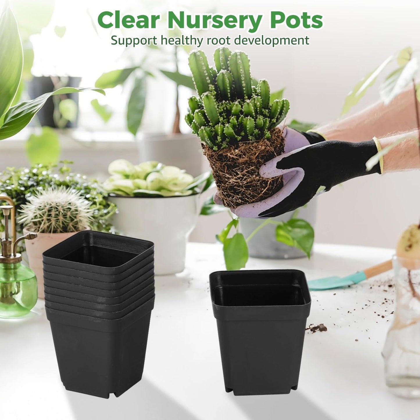 Skdqiee 200 Pack 3 Inch Black Nursery Pot Square Plastic Plant Pots, Seed Starting Planter with Drainage Holes for Succulents, Seedlings, Garden Office Balcony Indoor Outdoor