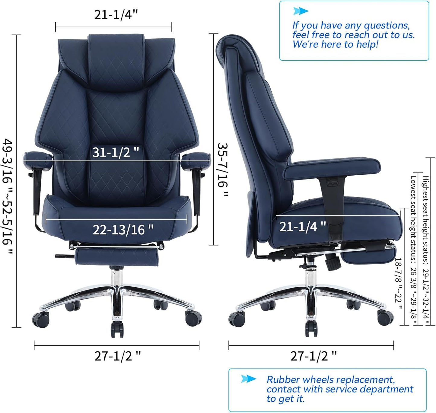 Big and Tall Office Chair with Footrest, PU Leather High Back Executive Office Chair 400lbs, Ergonomic Computer Chairs Lumbar Support for Heavy People (Blue)