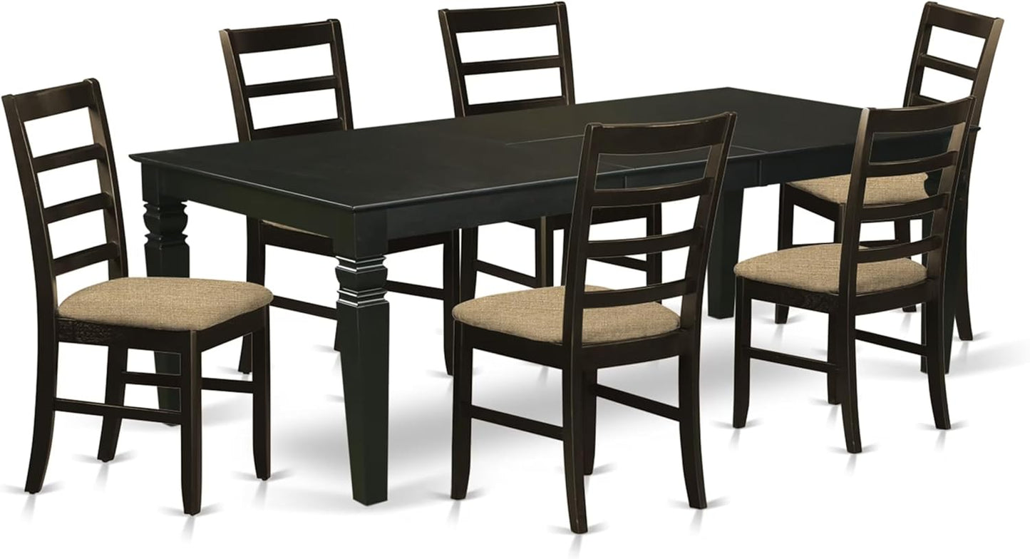East West Furniture LGPF7-BLK-C 7 Piece Kitchen Table Set Consist of a Rectangle Dining Table with Butterfly Leaf and 6 Linen Fabric Upholstered Dining Chairs, 42x84 Inch, Black