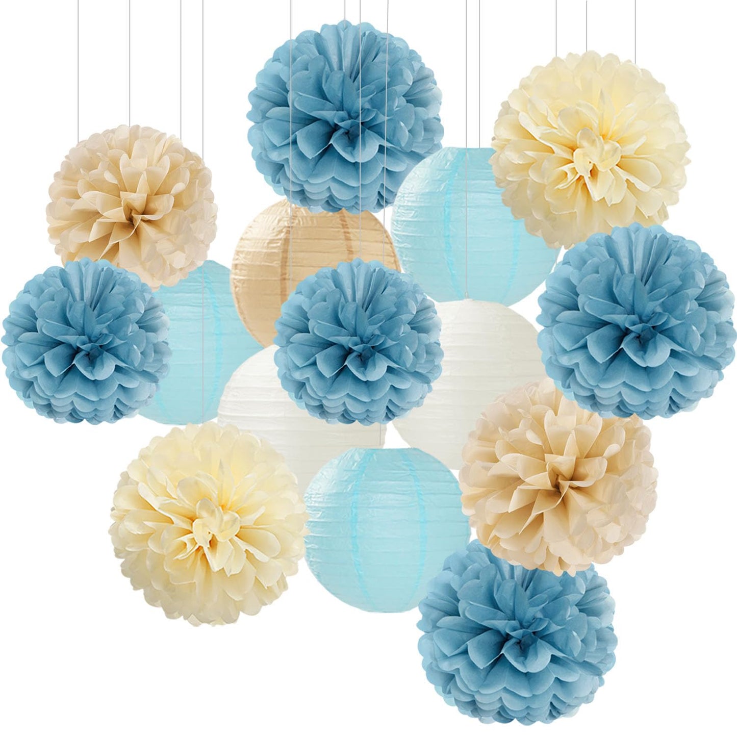 Dusty-Blue Champagne Party-Decorations Paper-Flowers Lanterns - 15pc Boho Beige Gold Tissue Pom Poms Streamers,Birthday Bachelorette Bridal Baby Shower Engagement Wedding Graduations Decor Panduola