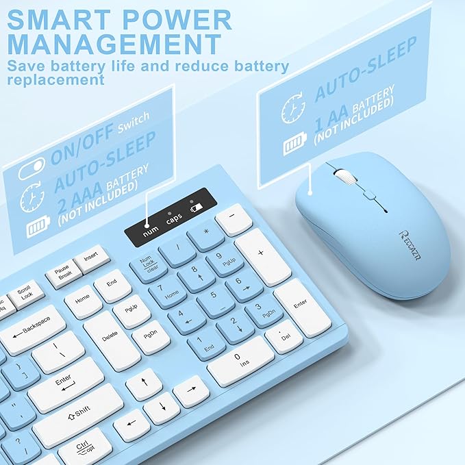 Wireless Keyboard and Mouse Combo, Full-Sized Wireless Keyboard and Adjustable DPI Mouse, 2.4GHz USB Receiver, Keyboard and Mouse for PC, Windows, Desktop, Laptop (Sky Blue-A)