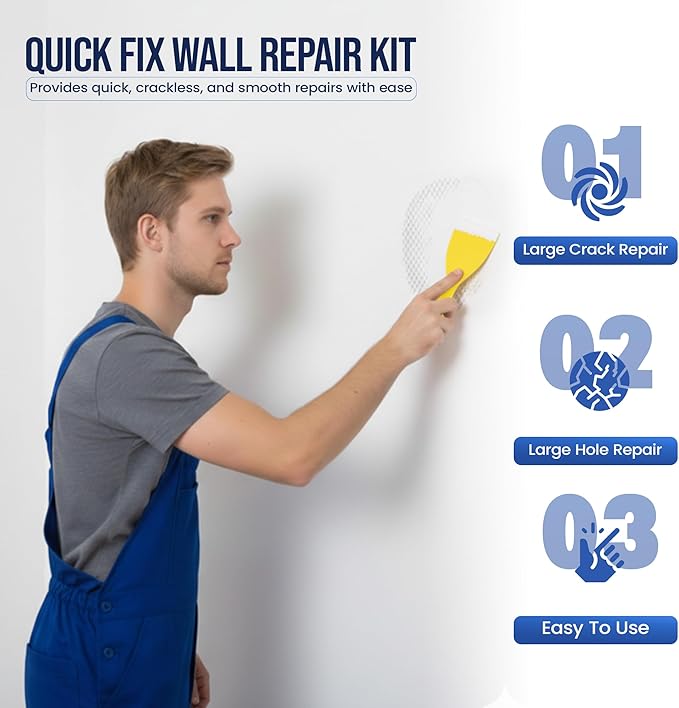 Drywall Repair Kit – 2×240g Putty Jars with 2×2″ & 4×4″ Wall Patch Mesh, Small & Large Scrapers & 2 x P180 Sandpapers | Quick-Dry Spackle & Sheetrock Crack Filler for Wall, Ceiling & Plaster Repair
