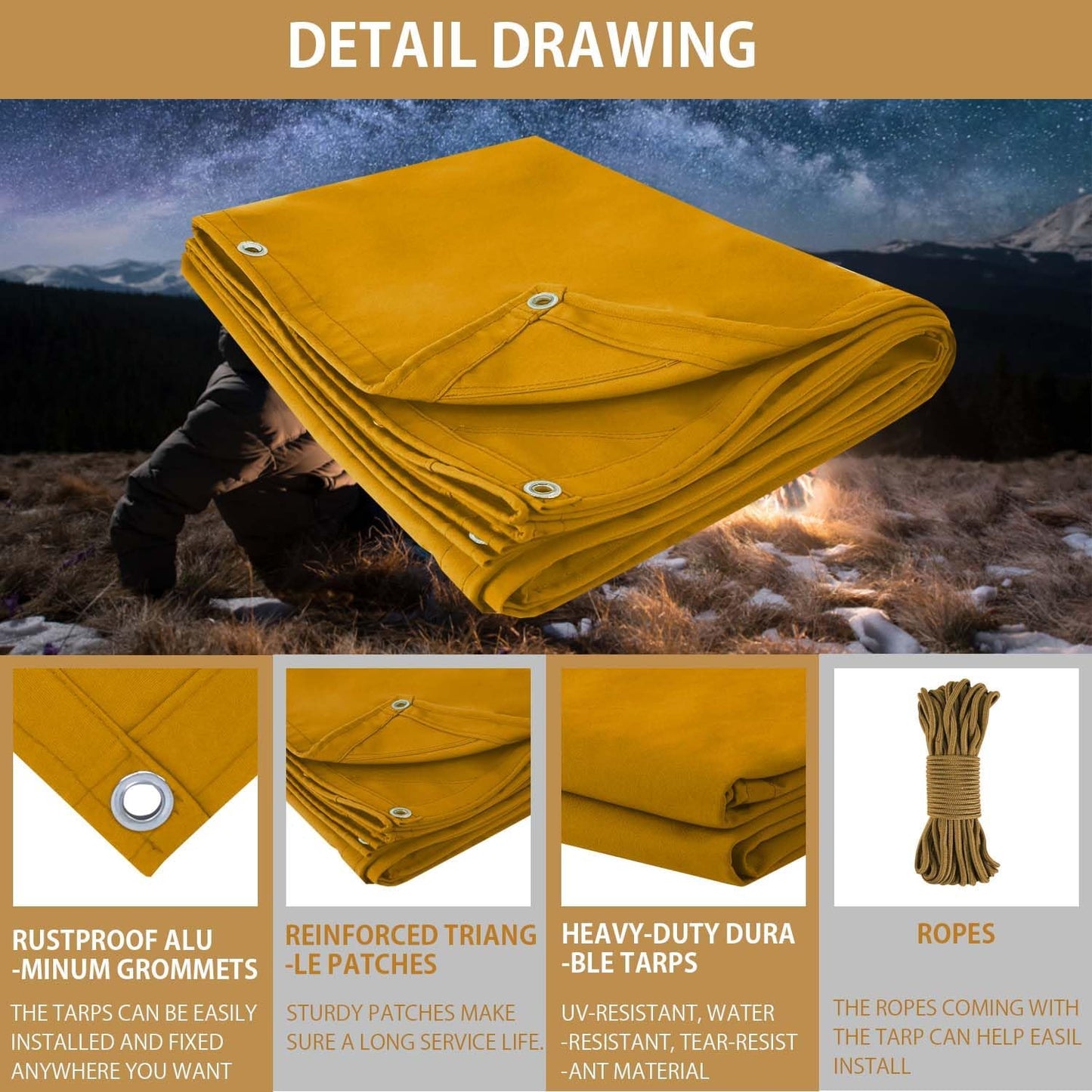 FoundGo 8x10ft Canvas Tarp 22 Mil Tarps 14 oz Canvas Tarpaulin Heavy Duty Cloth Water/UV Resistant Cover with Rustproof Grommets & Ropes for Cars,Roofs,Boats,Camps,Sunshades，Moisture Barrier -Tan