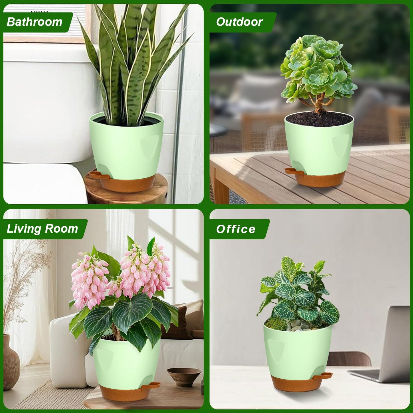 5-Pack Plant Pots with Drainage 7/6.5/6/5.5/5 Inch Self Watering Pots for Indoor Outdoor Plants, Plastic Flower Pots with Drainage Holes and Removable Saucers, Plant Pots with Wicking Rope (Green)