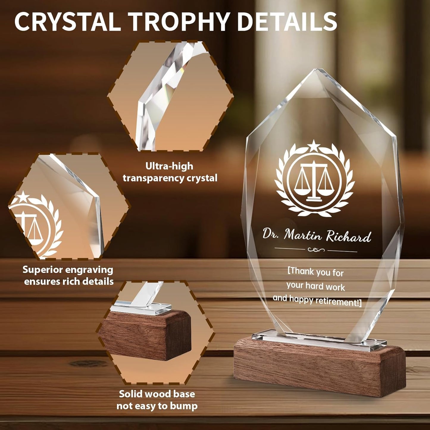 Custom Crystal Trophy Award with Wood Base, Custom Plaque Personalized Engraved with LOGO Text, Employee Appreciation Gift, Retirement Gift for Employee Coworker, Sports Recognition Trophies