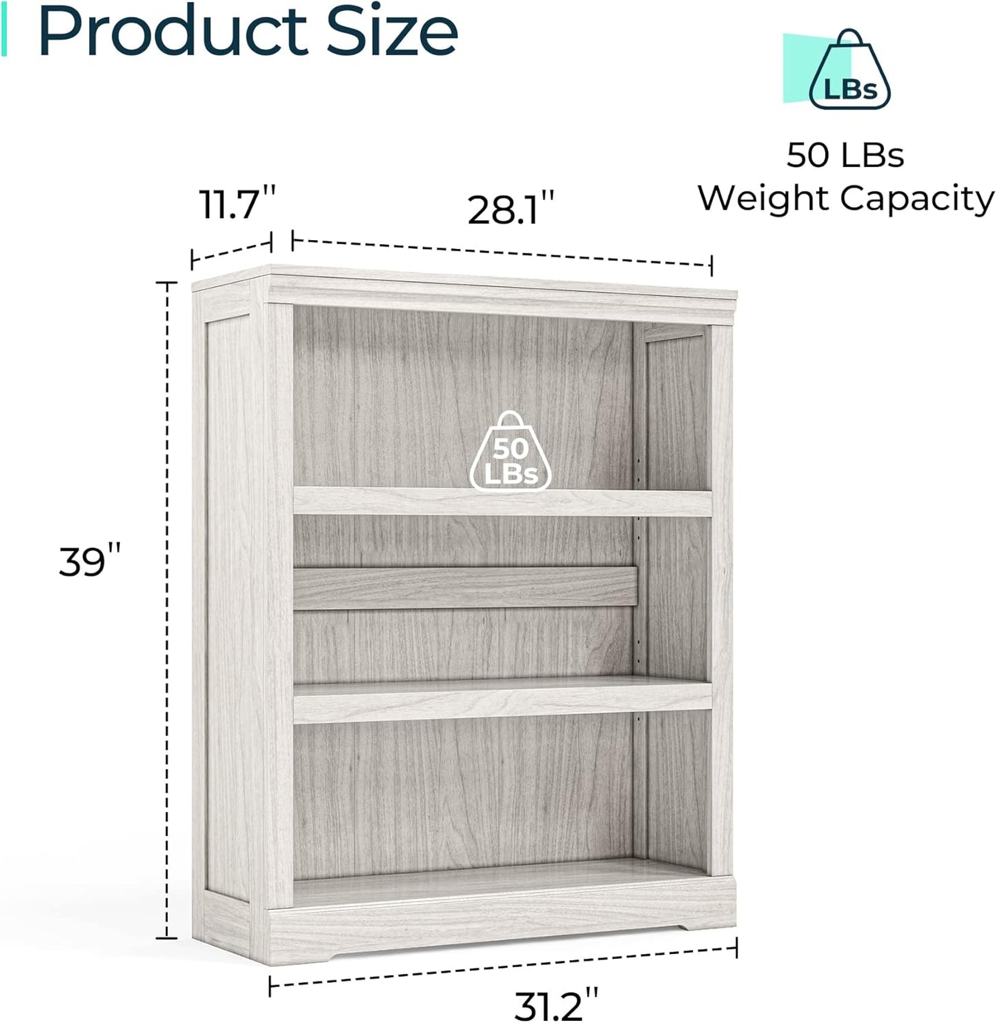 LINSY HOME 3-Tier Bookcase and Bookshelf, Small Wood Display Storage Shelves Farmhouse Bookshelf for Home Office, Living Room, Bed Room - White Oak