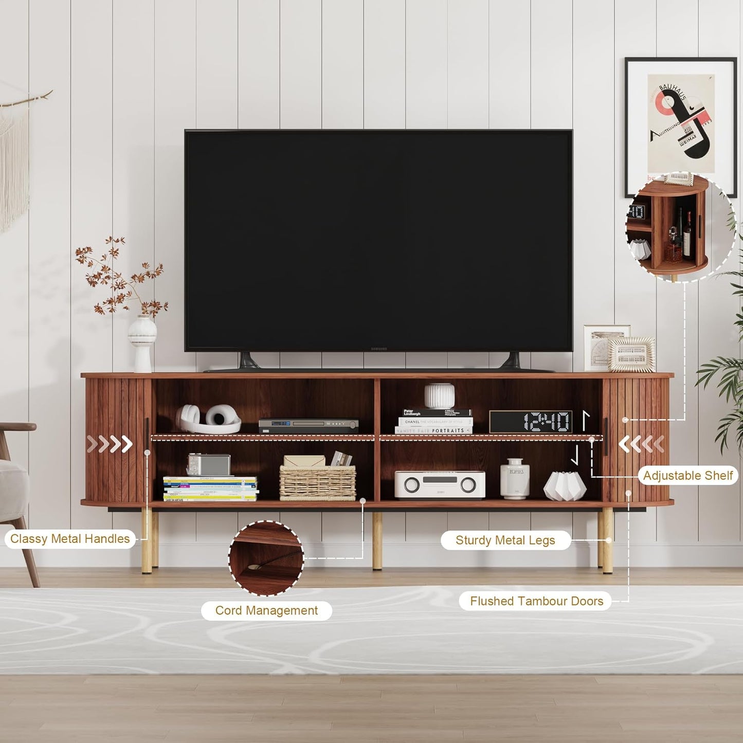 GarveeHome 70.1" TV Stand, Modern TV Console Table with Storage Compartment and Sliding Door, Gaming Entertainment Center with Cabinet for Living Room, Bedroom, Office, Walnut