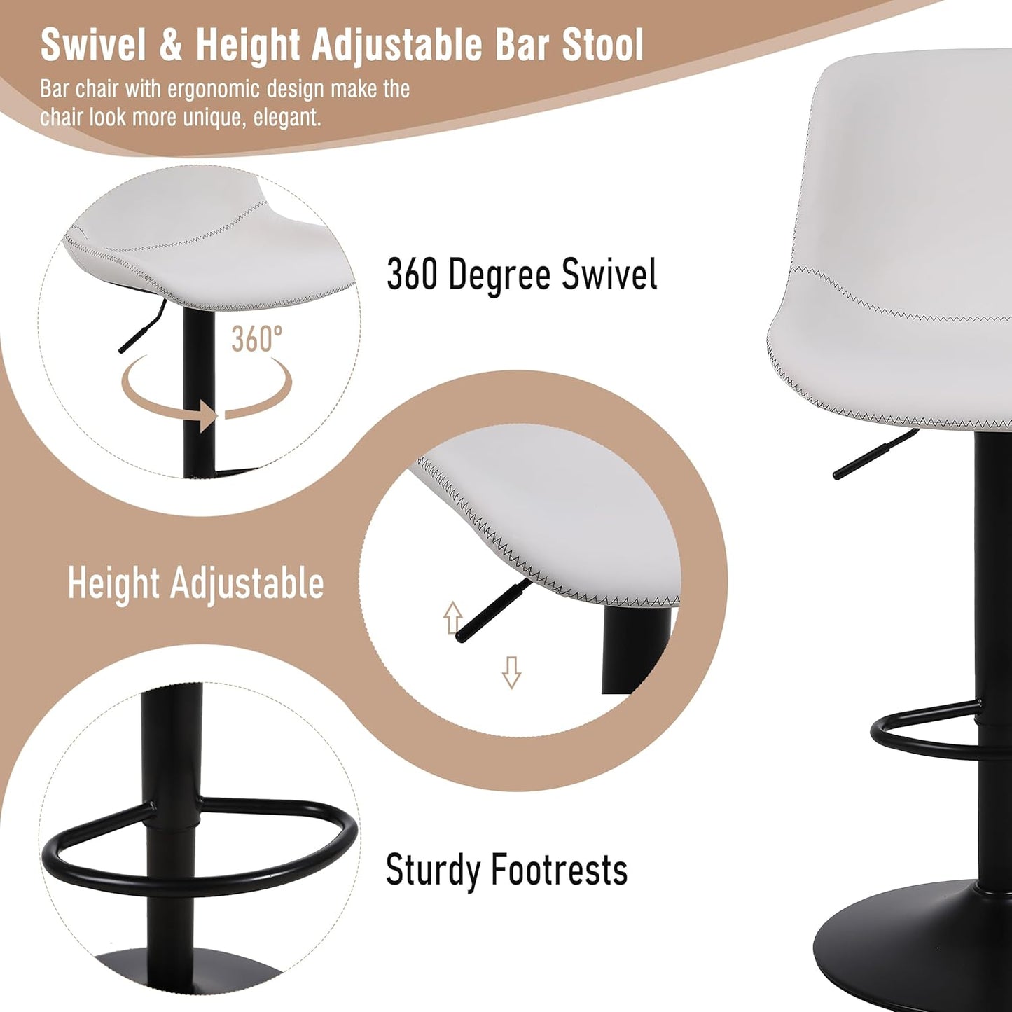 Bar Stools, Swivel Counter Height Barstools with Back, Adjustable Modern Bar Chairs, Tall Armless PU Leather Kitchen Island Stool (White, Set of 4)