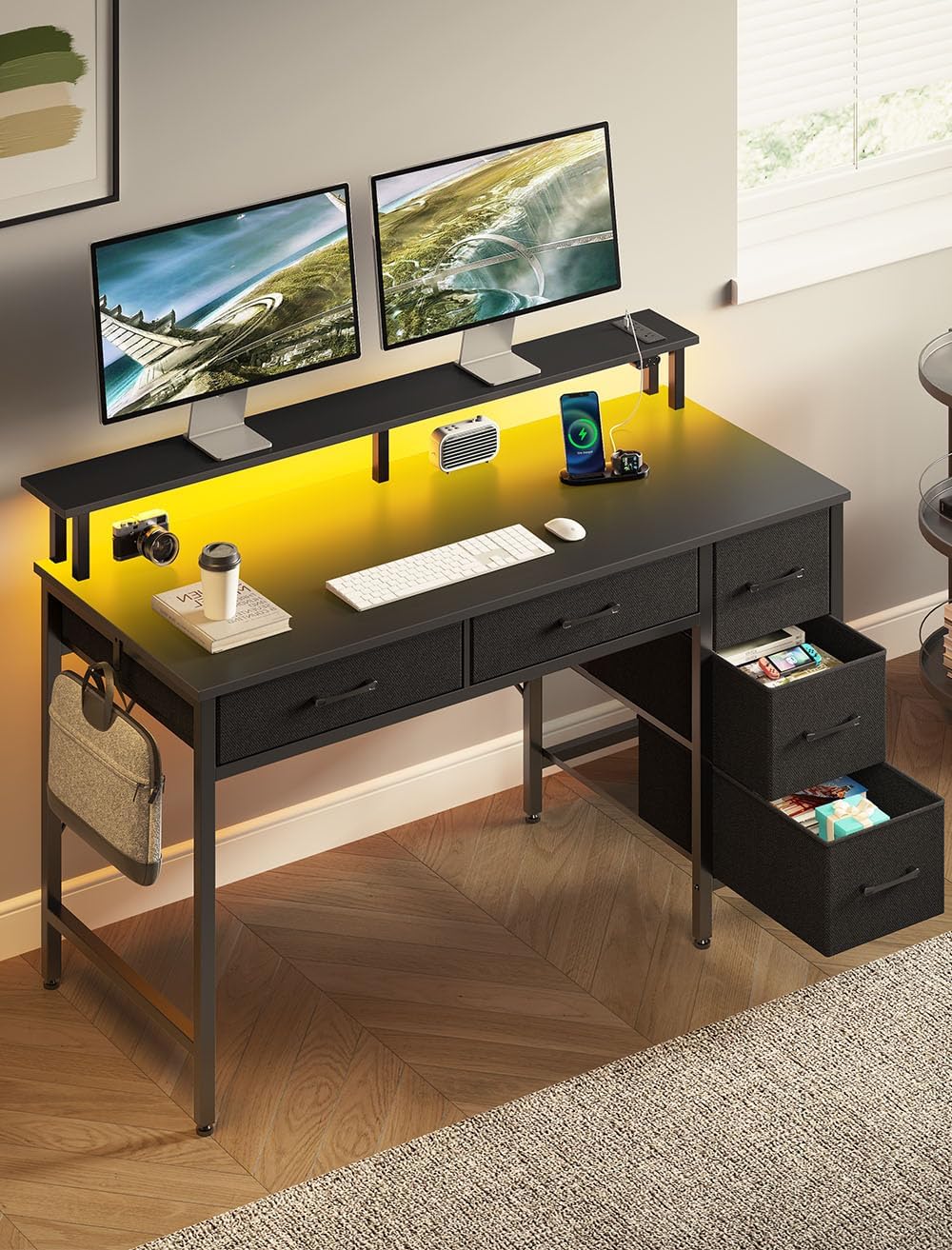 Seventable Computer Desk with Power Outlets & LED Light, 55 inch Home Office Desk with 5 Drawers, Writing Desk with Monitor Stand, Work Desk for Home Office, Black