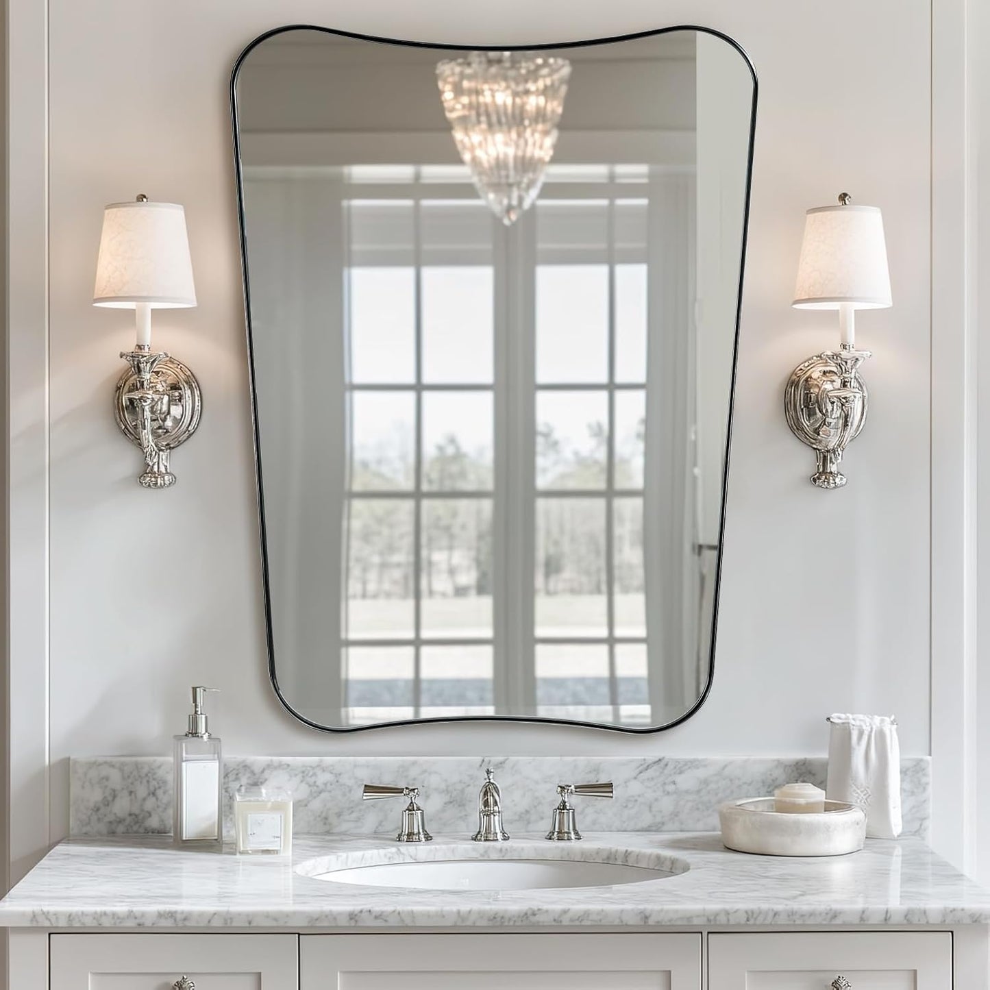 ANDY STAR Brushed Nickel Mirror, 24x32 Inch Bathroom Scalloped Mirror, Anti-Rust Stainless Steel Metal 1’’ Frame, Unique Frame Design Ideal for Bathroom, Entryway, Powder Room