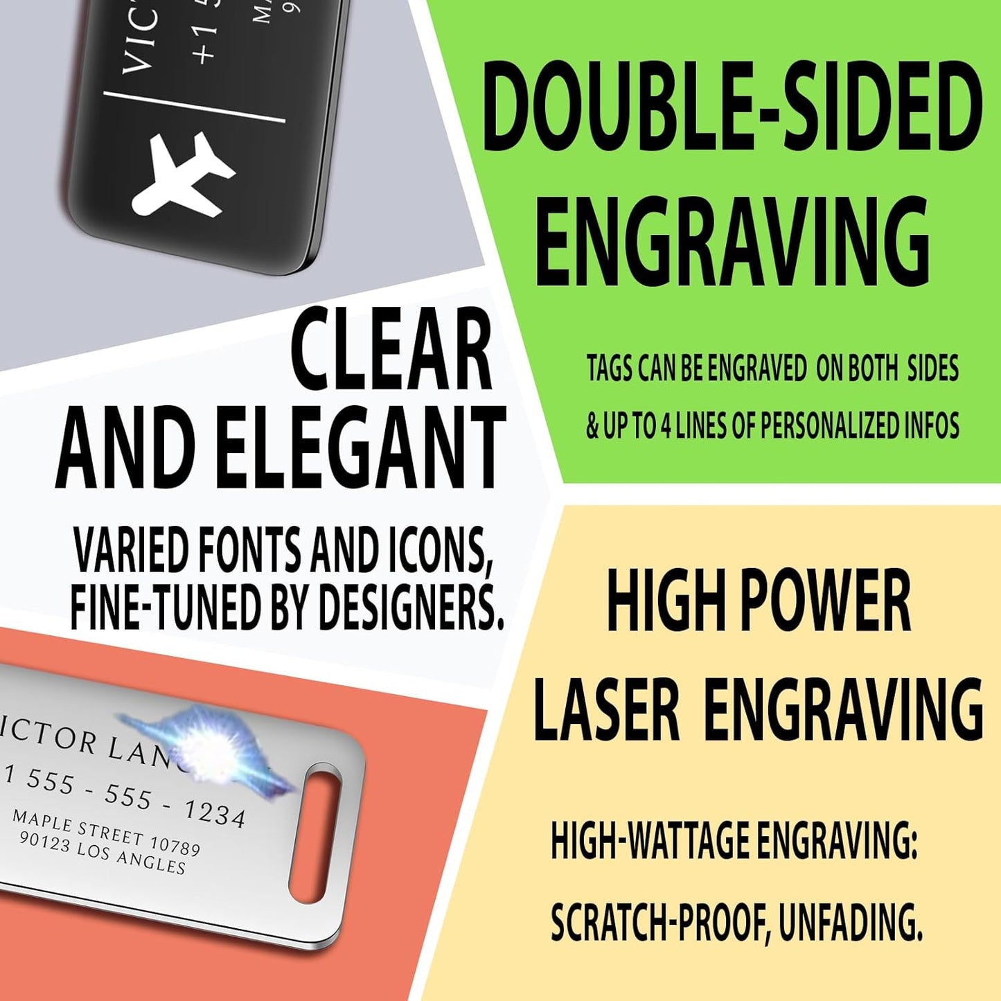 Personalized Luggage Tags for Suitcases - Stainless Steel Custom Luggage Tags for Backpacks & Bags, Sturdy, Waterproof & Heavy Duty (Black / 3" x 1.25")