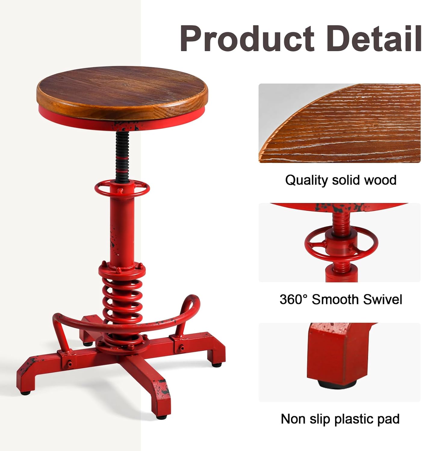 LOKKHAN American Antique Steampunk Bar Stool 24.41"-28.35" Vintage Industrial Adjustable Swivel Backless Counter Stool for Home, Dining, Breakfast, Pub, (Heavy Duty Metal & Wood, Aged Red, Brown Top)