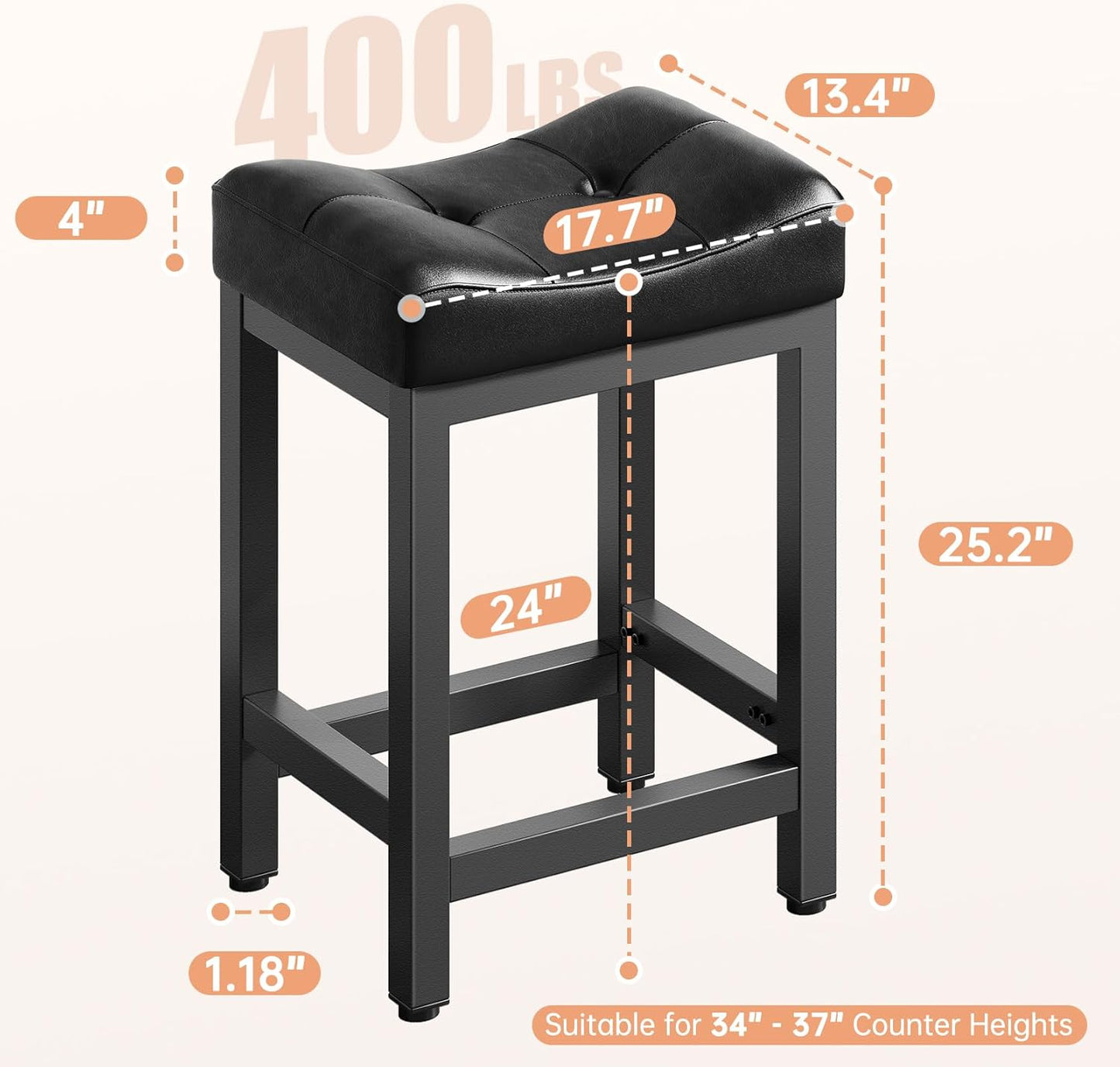 Dripex Backless Saddle Bar Stools Set of 3, Modern Faux Leather 24'' Counter Height Barstools with 4" Thick Seats & Heavy Duty Metal Legs, for Kitchen Island, Bar, Dining Room, Black