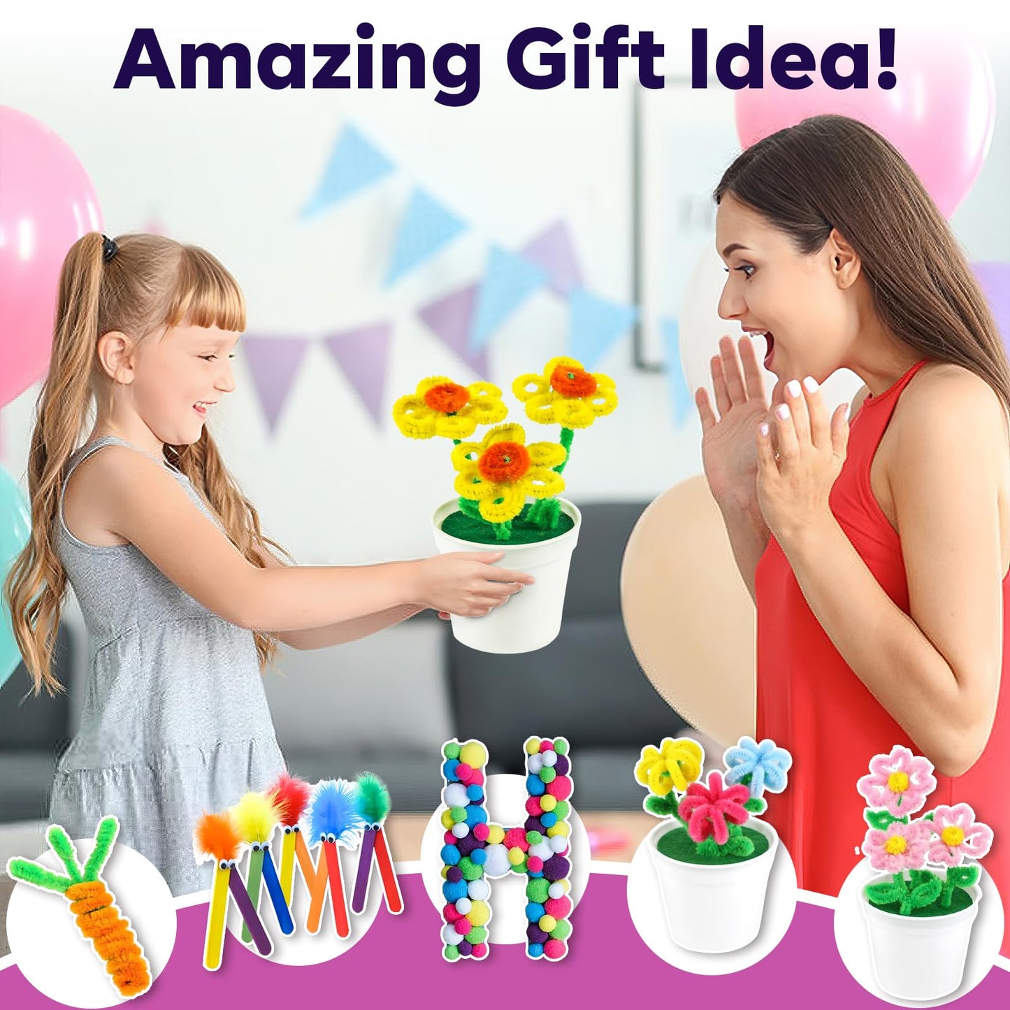 FUNZBO Mother's Day Arts and Crafts Supplies for Kids -Toddlers Craft Kit with Glitter Glue Stick, Pipe Cleaners, Popsicle Sticks, Pompoms & Stickers, Homeschool Supplies, Toys Crafts for Girls age 4+