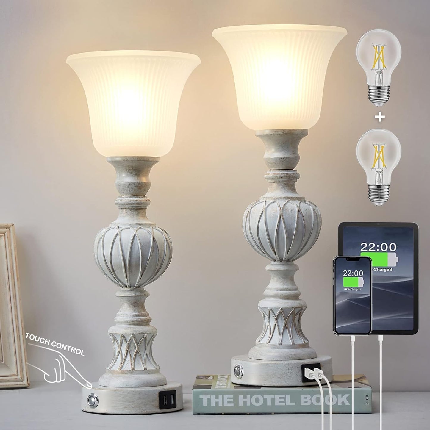 Luvkczc Touch Tall Lamps Set of 2, 18" Tall 3-Way Bedside Lamps with Glass Lampshade for Bedroom Living Room Farmhouse Office, Rustic Resin Table Lamps & Washed White