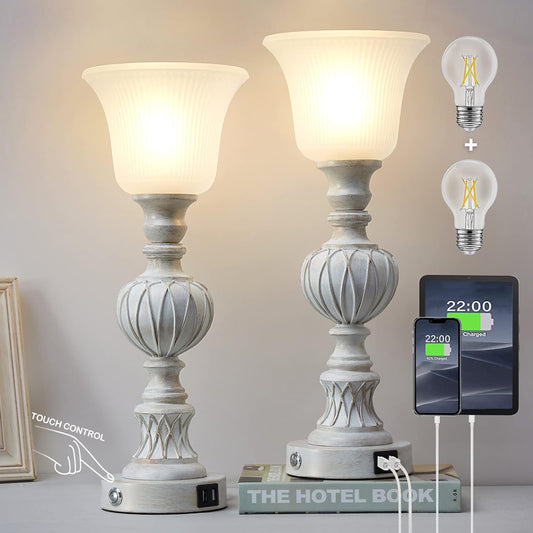 Luvkczc Touch Tall Lamps Set of 2, 18" Tall 3-Way Bedside Lamps with Glass Lampshade for Bedroom Living Room Farmhouse Office, Rustic Resin Table Lamps & Washed White