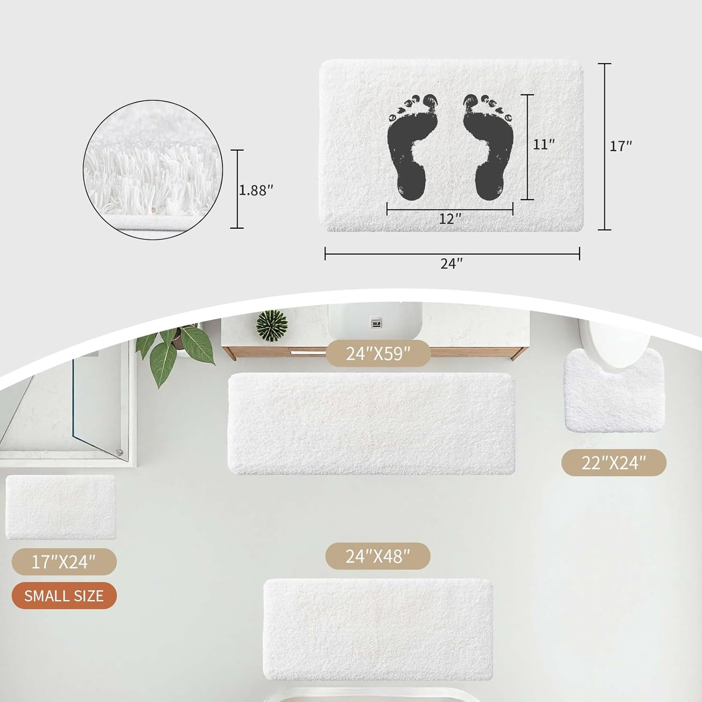 Small Bathroom Rugs 17x24 Non Slip White Fluffy Bath Mat for Bathroom Floor Machine Washable Plush Luxury Bath Rug for Tub Soft Shaggy Absorbent Shower Mat