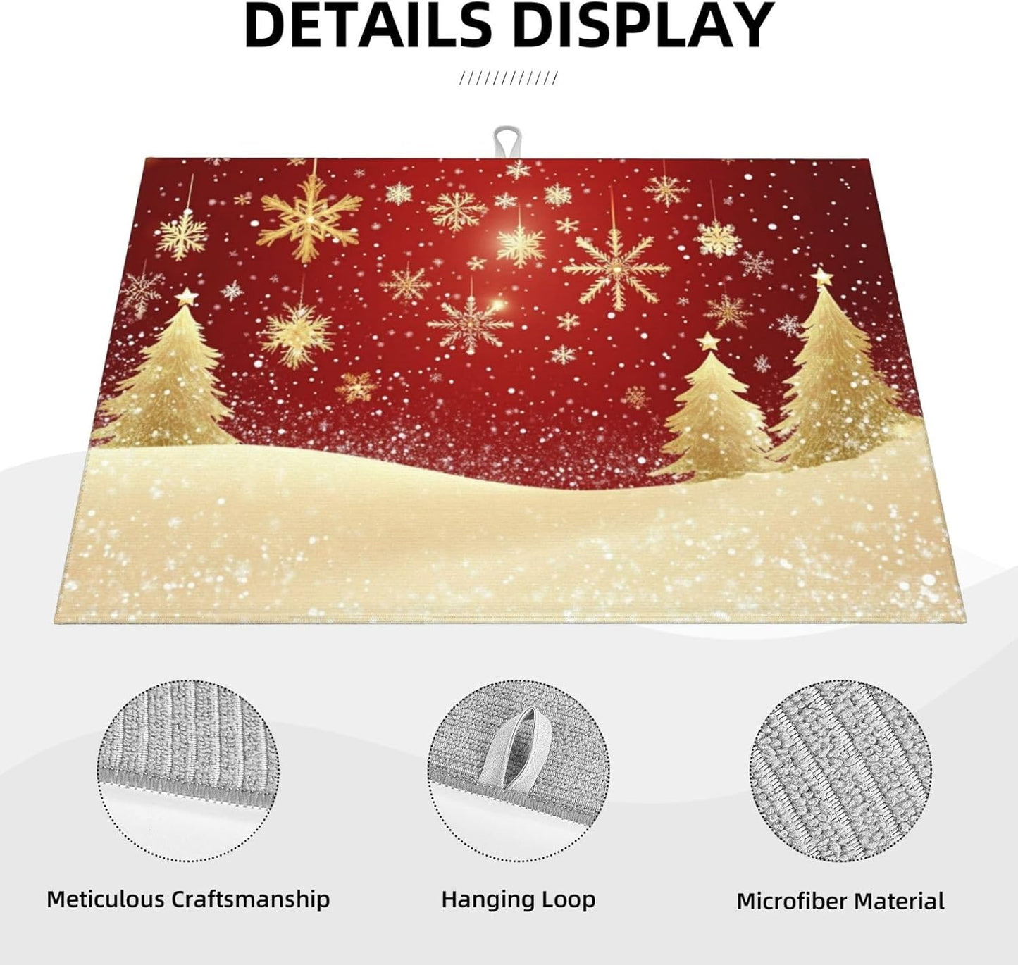 Dish Drying Mat for Kitchen Gold Christmas Tree Pattern Snowflake Counter Absorbent Dishes Drainer Microfiber Large 18x24 Inch