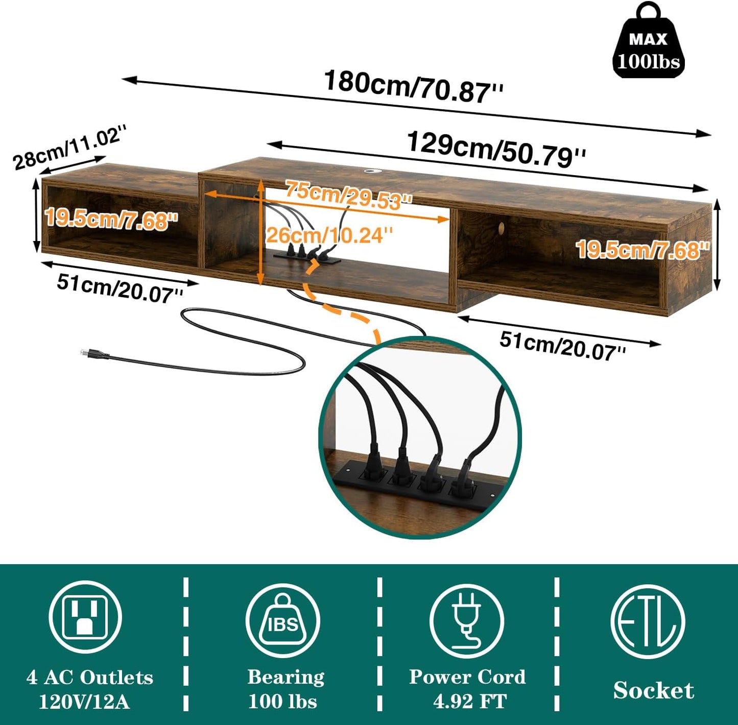 IBUYKE 71" Floating TV Stand Wall Mounted with Power Outlet,Wood Wall Mounted Media Console Shelf,Floating Entertainment Center for Under TV Storage for Living Room Bedroom Office,Rustic Brown WST008H