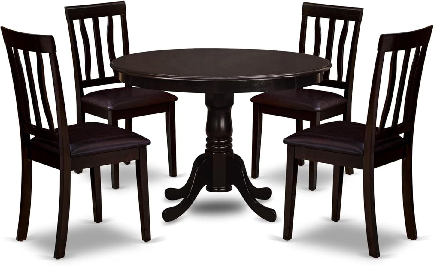 East West Furniture HLAN5-CAP-LC 5 Piece Dining Table Set for 4 Includes a Round Kitchen Table with Pedestal and 4 Faux Leather Dining Room Chairs, 42x42 Inch, Cappuccino