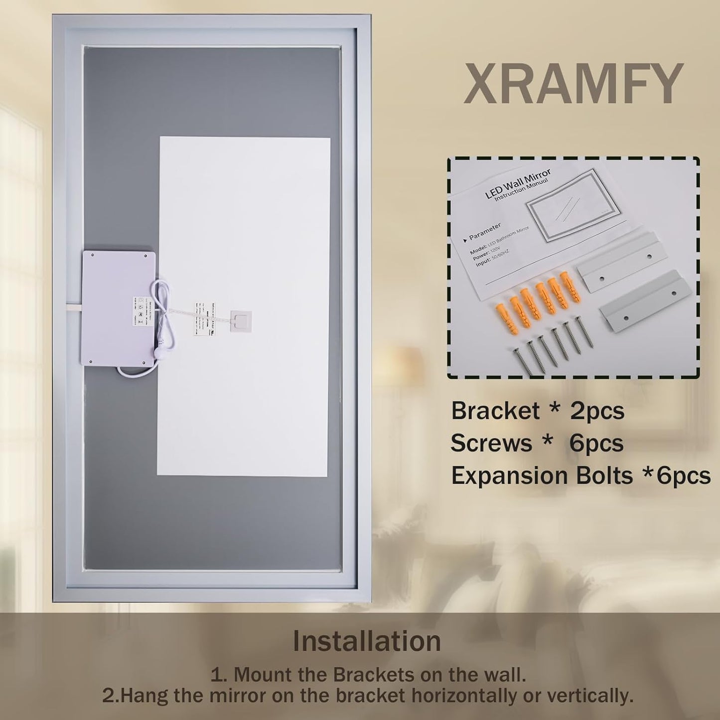 55'' x 30'' LED Bathroom Mirror with Lights, Wall Mirror with Front and Backlight, 3 Colors Vanity Mirror with Lights, Anti-Fog Wall Mirror for Bathroom