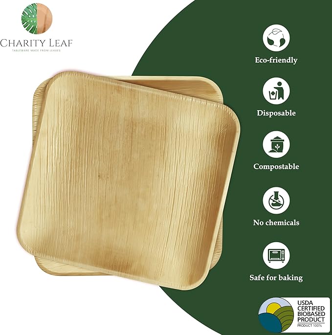 Charity Leaf Compostable 10" Square Palm Leaf Dinner Plates (200-pack) | Premium, 100% Natural, Disposable, Heavy Duty | Perfect for Parties, Weddings & Catering Events