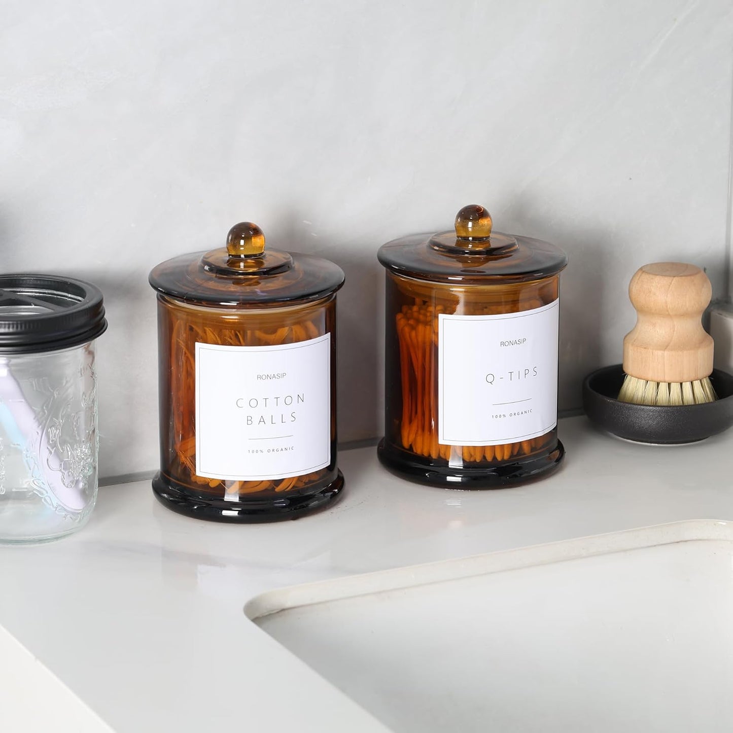 Qtip Holder & Cotton Pad Dispenser, Bathroom Organizer and Storage Canisters, 16oz Glass Apothecary Jars for Kitchen, Restroom - Home Decor Accessories, Room Decor Aesthetic (2 Pack, Amber)