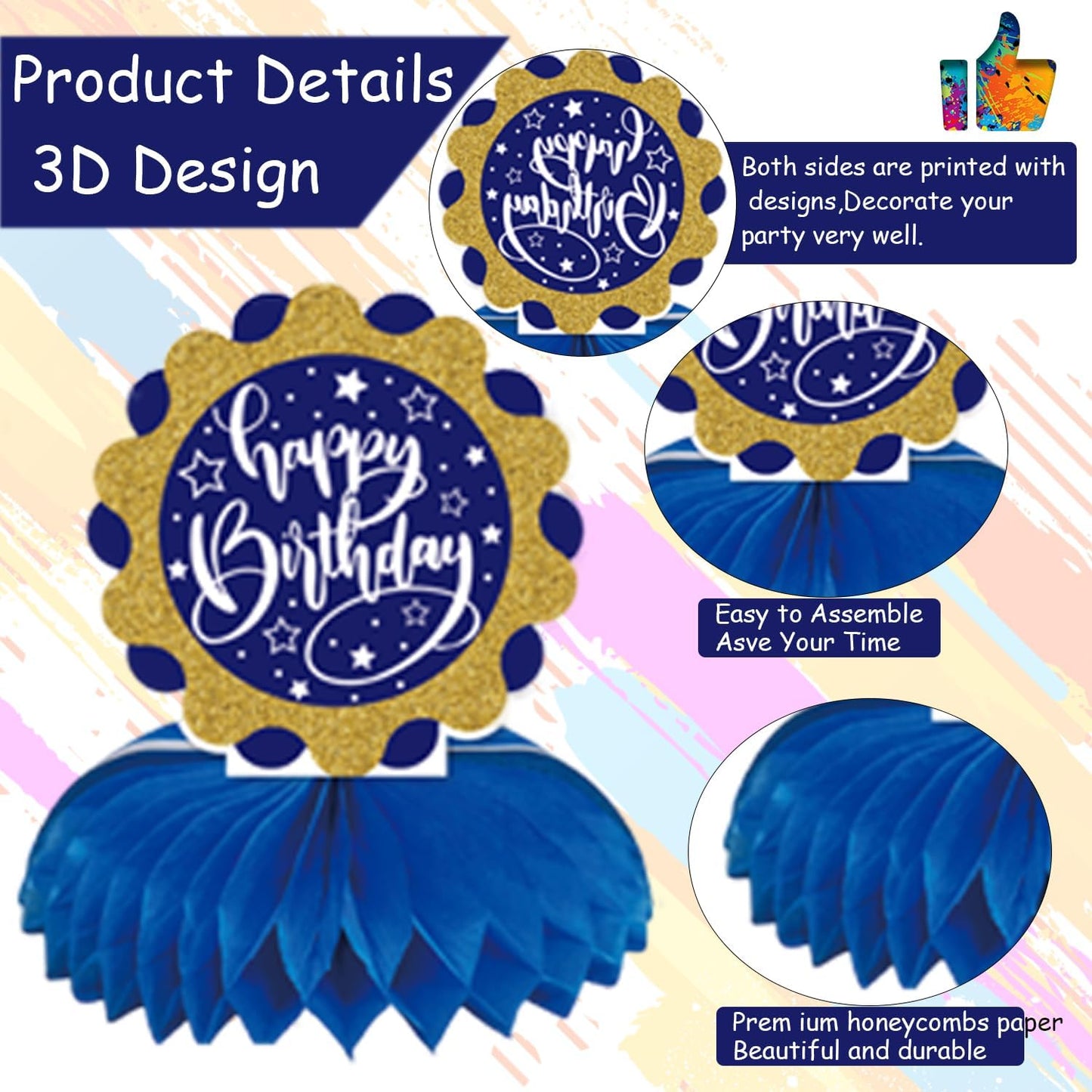 8Pcs Happy Birthday Decorations for Men Blue and Gold Honeycomb Centerpiece Baby Shower Supplies Blue Birthday Decorations