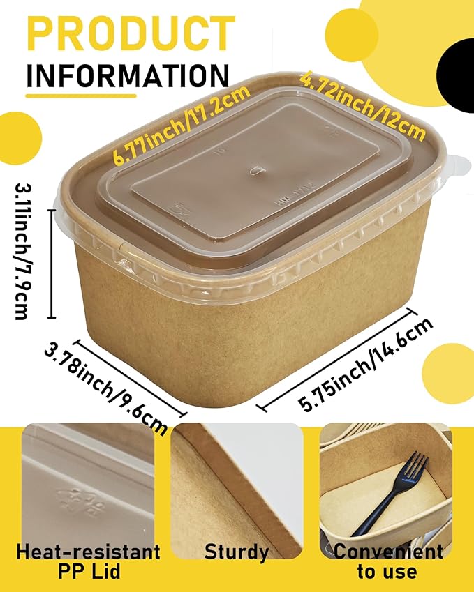 50Pack Disposable Paper Meal Prep Containers with Lids and Forks, 35OZ Kraft Paper To Go Food Containers for Salad Soup Hot/Cold Food, Take Out Serving Bowl for Household & Restaurant & Party & Picnic