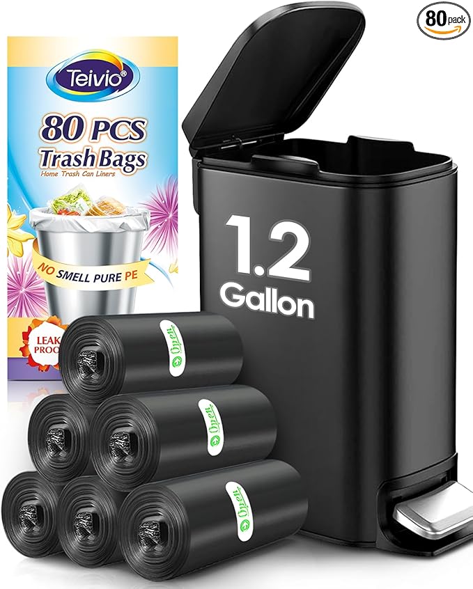 1.2 Gallon 80 Counts Small Trash Bags Garbage Bags, Bathroom Trash Can Bin Liners, Small Plastic Bags for home office kitchen, fit 5-6 Liter, 0.8-1.6 and 1-1.5 Gal, Black